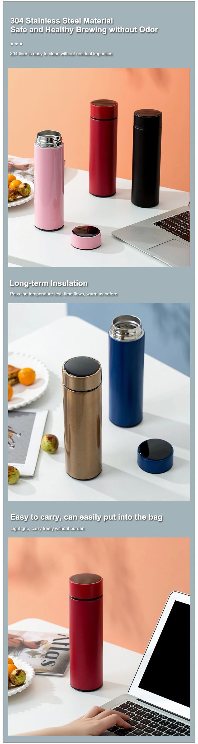 Rhong Wholesale Custom Eco Friendly Stainless Steel LED Temperature Display Smart Thermoses Vacuum Flask