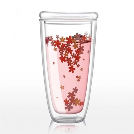 Glass Espresso Mugs, Sublimation Double Wall Thermo Insulated Glass Coffee Cups, Glass Coffee Mugs with Cherry Blossoms Pattern